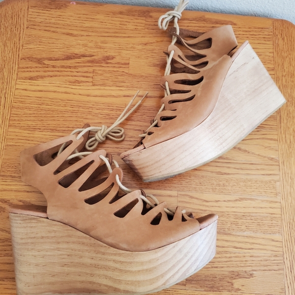 Musse & Cloud Camel Color Leather Bohemian Lace Up Platform Sandals Women's 10 - Picture 6 of 15